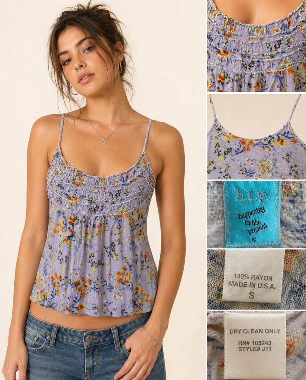 Boho h.i.p. Women's Ruffle Cami Tank Top Size S Lavender Floral Print